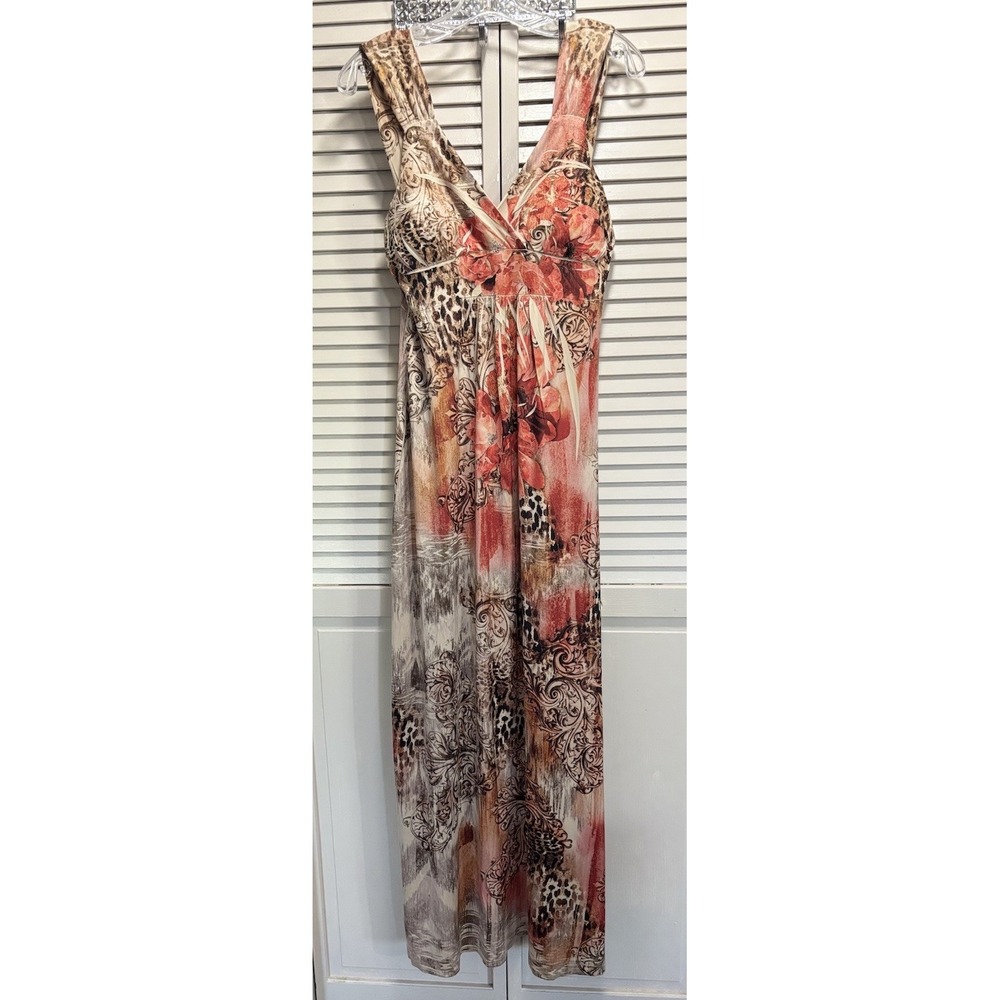 Fresh Of LA Floral/Paisley/Cheetah Maxi Dress Size L Pleated, V Neck Wide Straps